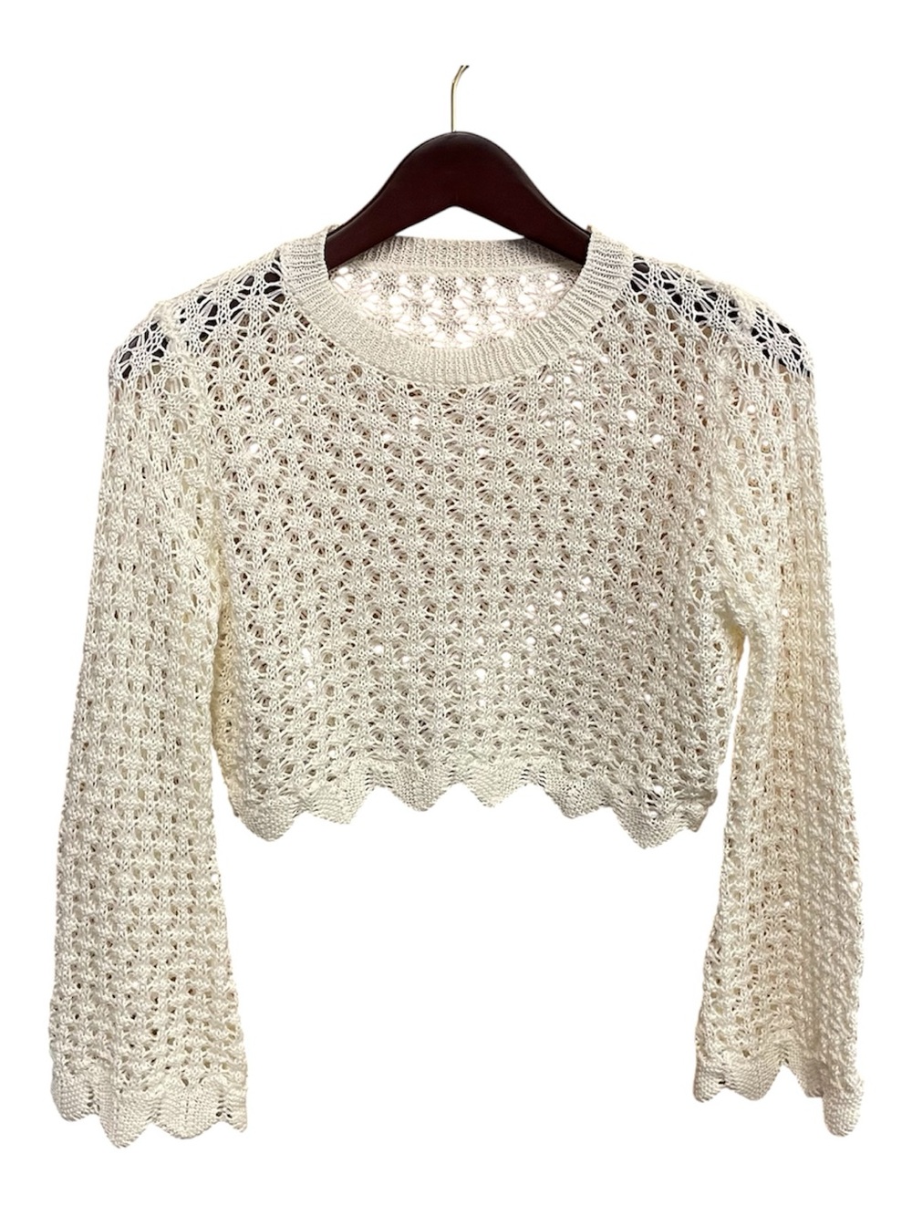Open Knit Crochet Crop Sweater Top NWOT Size Small Scalloped Hem